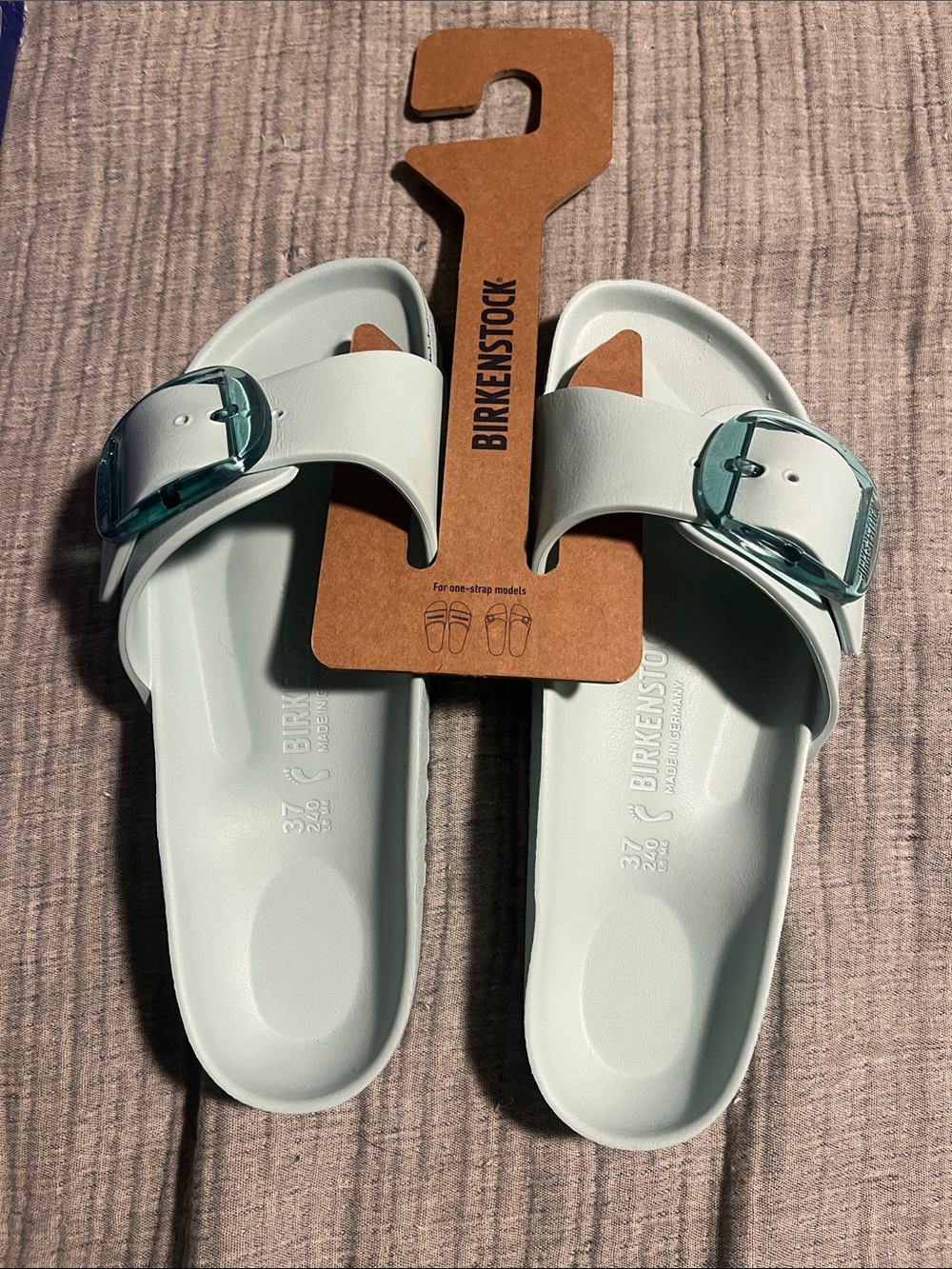 Birkenstock EVA Slide Sandals - Pale Mint with Teal Buckles